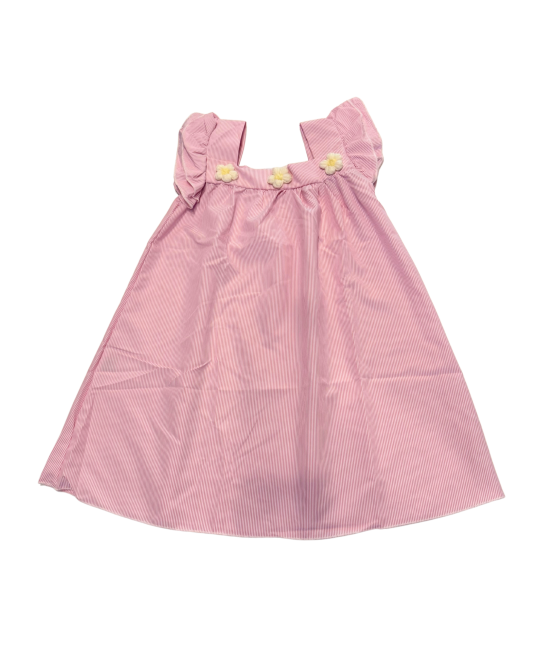 Vestido Infantil Listrado Rosa 100% Algodão com Flores e Babados - Albarella
