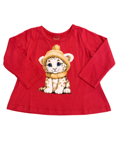Blusa Primeiros Passos Manga Longa  Cachorrinho com Cachecol e Gorro  Vermelha - Kyly