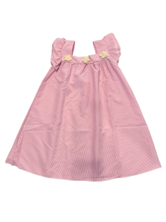 Vestido Infantil Listrado Rosa 100% Algodão com Flores e Babados - Albarella