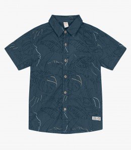 Camisa Infantil Manga Curta Popeline Estampada Verde   - Trick Nick